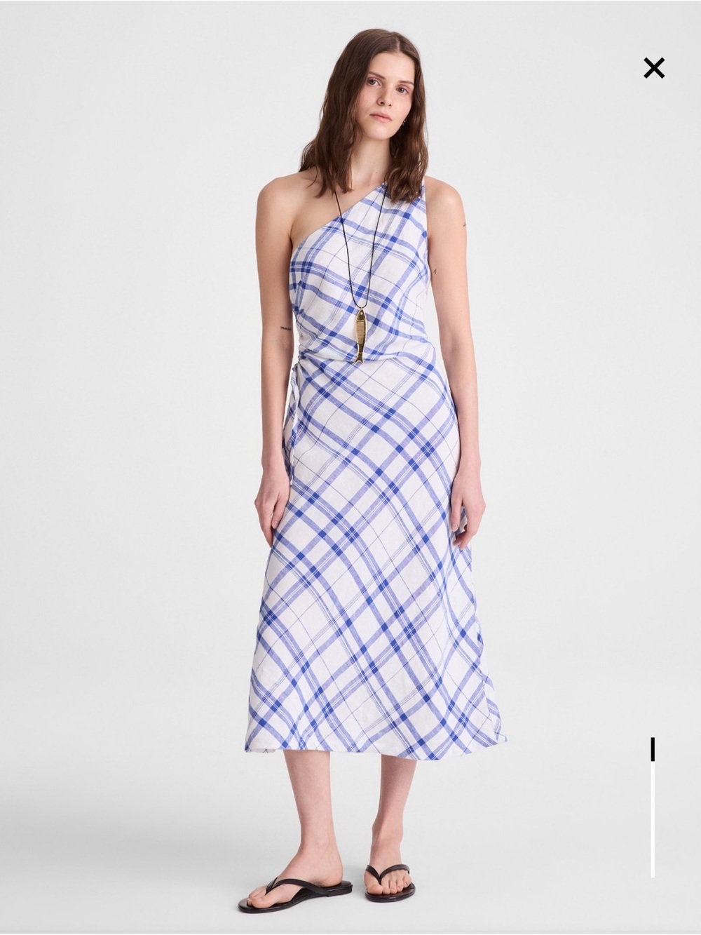 Madewell White and Blue One-Shoulder Plaid Midi Dress